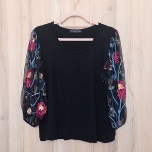 Womens Embroidered Top L Black Floral Mesh Balloon Sleeve Boho Cottage Romantic